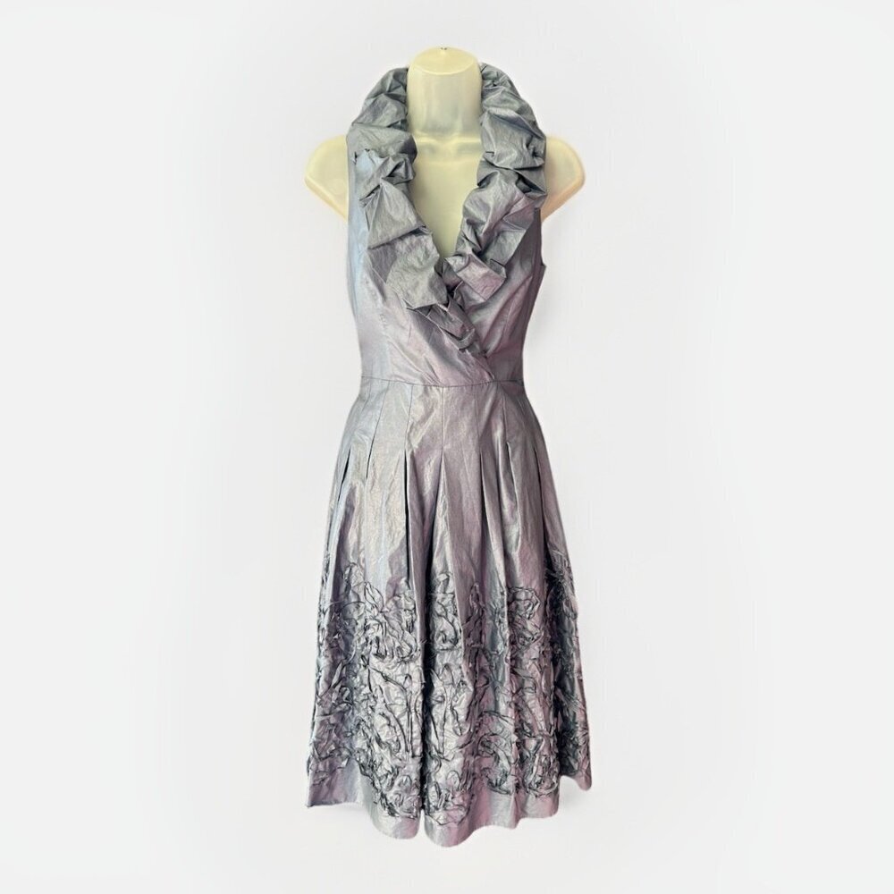 Adrianna Papell Blue Iridescent Ruffle Collar Midi Dress Size 6 Wedding Guest